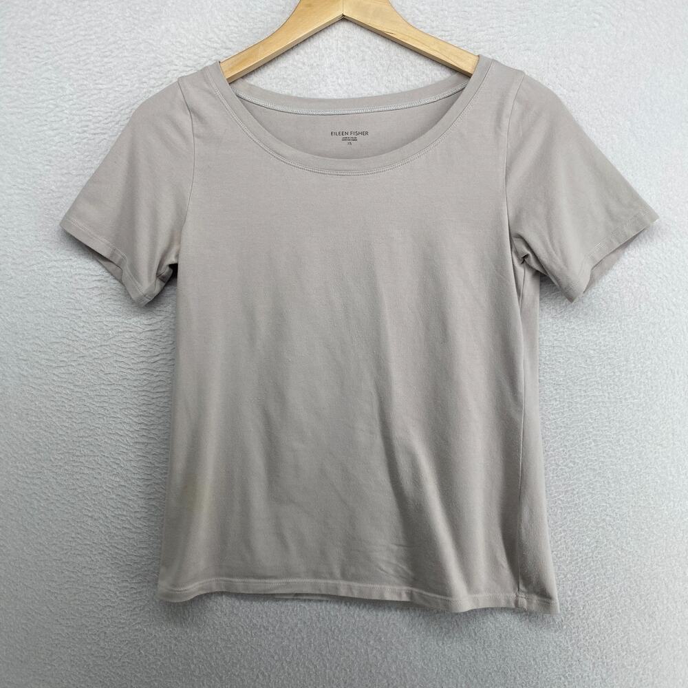 EILEEN FISHER Top XS Stretch Organic Cotton Jersey Scoop Neck Short Sleeve Gray